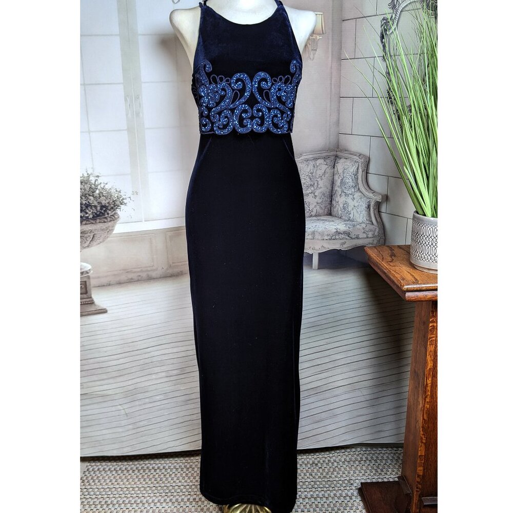 Be Smart Velvet Evening Gown Midnight Blue Glitter Bodice Strappy Back 9/10 USA